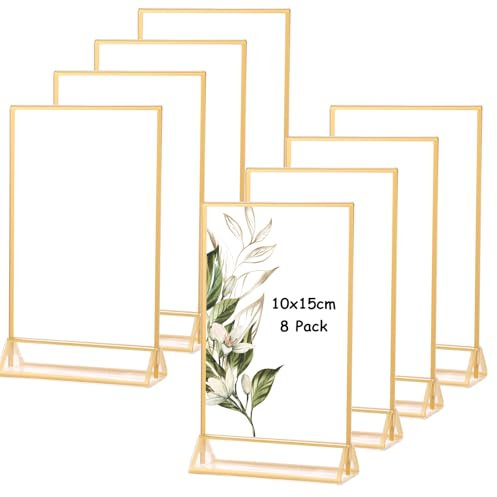 SHUESS 8 Stück Goldener doppelseitiger Bilderrahmen, 10X15cm Acryl Gold Tischkartenhalter, Aufsteller im Staffelei-Stil, Tischnummern Hochzeit Halter Display für Hochzeit Tischnummer, Foto (A6)
