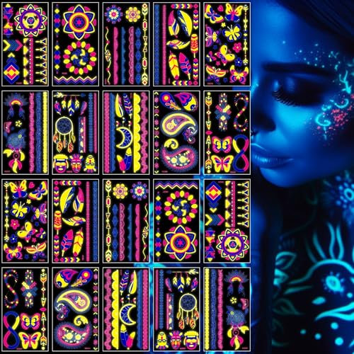 Glow in the Dark Neon Temporary Tattoos - 20 Sheets, 170+ Unique Designs for Party Rave Festival
