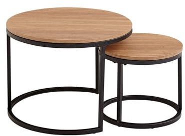 TTATC 2er-Set Runder Beistelltisch,Couchtisch im Industriestil mit Metallbeinen, MDF-Tischplatte, Groß 60 x 60 x 45 cm und Klein 40 x 40 x 35 cm,Dunkelbraun