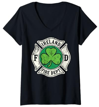 Damen Irish Fire Fighter Shamrock Irland Department Malteserkreuz T-Shirt mit V-Ausschnitt