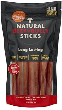 Canine Naturals Beef and Bully Sticks for Dogs, Odor Free, Medium 4 Count