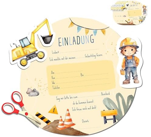 MeinBaby123® 10 Einladungen zum selber basteln (Bagger)