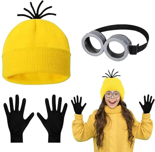 BOOSHMall Erwachsene Kostüm Zubehör für Karneval Halloween Cosplay, 3-teiliges Set (Brille, Gelbe Beanie-Mütze, Schwarze Handschuhe)