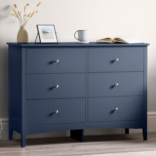 CHRISTOW Navy Blue Chest Of Drawers, 6 Drawer Storage Organiser Unit, Modern Wooden MDF Bedroom Cabinet Furniture, Living Room Hallway, Brushed Chrome Handles (H70cm x W80cm x D40cm)