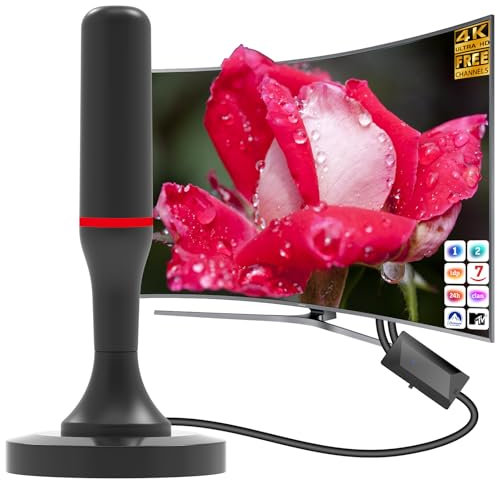 Antena TV Interior,Antena de televisión Inteligente 460KM en recepción 360° Base magnética Resistente para, fácil instalación,admite Canales 4K/1080P, Puede Recibir señales DVB-T2 DVB-T
