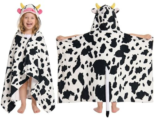 OLAOLA Badeponcho Kinder, Weich und Schnelltrocknendes Badetuch Poncho, Mikrofaser Handtuch mit Kapuze für Strand Schwimmen, Strandtuch für Mädchen Jungen 3-12 Jahre Alt (Kuh)