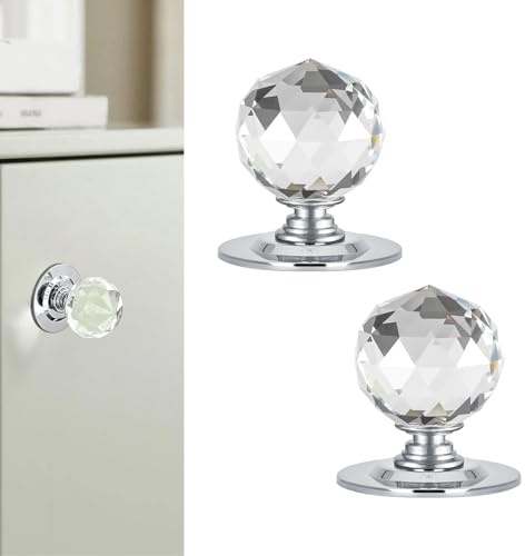 CoreFunc Crystal Ball Shape Dummy Door Knob Passage Hall Closet Door Knobs Interior Clear Crystal Self Adhesive Handles for Drawers Mirrors Cupboards Glass Doors Staircase Corner Decor (2pcs, Silver)
