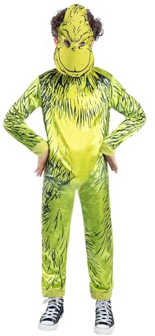 Smiffys Dr Seuss The Grinch Costume for Kids - Official Licensed Green Fancy Dress Jumpsuit with Character Mask, Children’s Christmas Party Outfit, Book Week & Holiday Dress Up