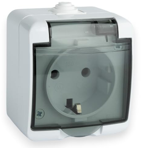 Prise 1 voie avec verre fumé, couvercle rabattable, 230V, 16A | IP44, Prise horizontale pour pièces humides, Prise de sécurité, Protection contre les projections d'eau