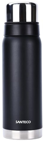 SANTECO Thermosflasche 750ml, Edelstahl 18/8, BPA-frei, 24h heiß/24h kalt, auslaufsicher, mit Trinkbecher, Outdoor/Camping/Reisen (Schwarz)