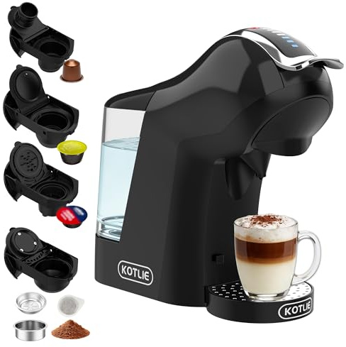 KOTLIE 5-in-1 Kapselkaffeemaschine 19 Bar, Multi-Kapselmaschine für Nespresso/Dolce Gusto/ESE Pads(44mm)/Kaffeepulver, 1L Wassertank, 3 Temperaturen/7 Wassermengen
