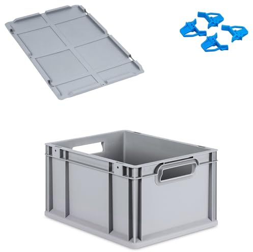 FIXKRAFT Eurobox 20L Aufbewahrungsbox mit Deckel Stapelbar 40x30x22 cm Stapelbox Grau Kunststoff Box Aufbewahrung Plastikbox Lagerbox Kunststoffbox Plastik (Verschluss Blau, Griff offen)