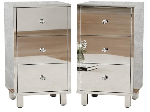 LEADZM Nachttisch mit 3 Schubladen, Beistelltisch Nachtschrank, Aufbewahrungsschrank aus Glas, für Wohnzimmer, Schlafzimmer, Bür, Spiegelpapier, 38 x 30 x 60 cm (2)
