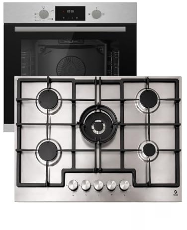 Gasline Gasherd Set 75cm Edelstahl – Einbaubackofen mit Umluft & Gasgrill + 5-Flammen Gaskochfeld mit Wokbrenner – LPG/Erdgas – Autark – 69L – Thermosicherung – Sabaf Brenner – GAG75INX & GB850-FIX