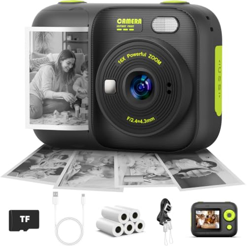 Kinder Sofortbildkamera mit Druck, Kinderkamera, 5 Rollen Fotopapier | Digitalkamera mit 2,4-Zoll-Display, 1080P Video, TF-Karte, Geschenk für Mädchen und Jungen zu Weihnachten und Geburtstag