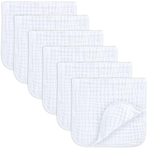 Comfy Cubs Muslin Burp Cloths 50x25cm 6 Pack Baby Burp Cloths - White | Large 6-Layer Ultra-Absorbent 100% Muslin Cotton for Drool & Messes - Safe & Gentle Burping Cloths for Babies Boys & Girls