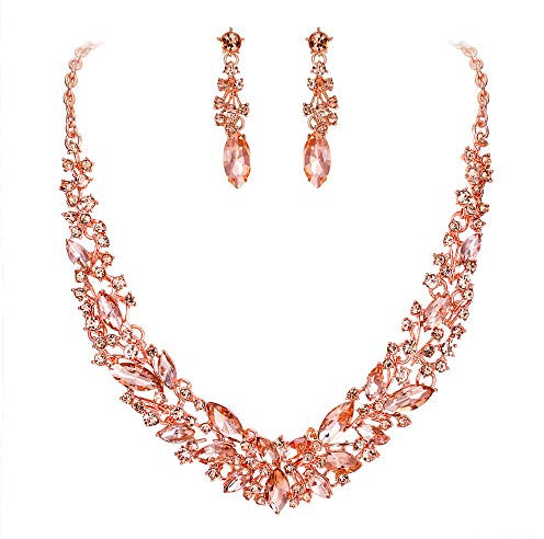 Clearine Parure Gioielli Matrimonio Sposa Collana Orecchini Set per Donne Cristallo austriaco Marquise Grappolo Collo pendente Pesca Morganite Color Rosa-Oro-fondo
