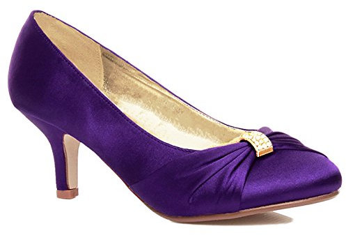 MyShoeStore Ladies Satin Heels Diamante Buckle Kitten Heel Low Bridal Bridesmaid Wedding Smart Prom Party Classic Court Shoes (Purple, 8)
