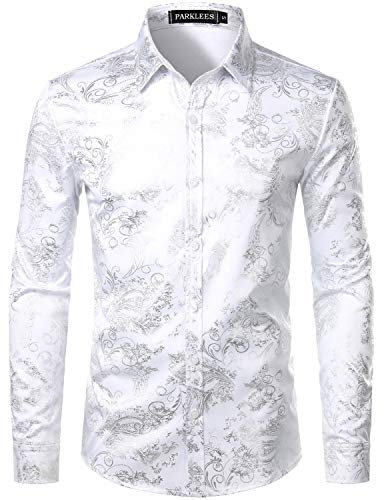 PARKLEES Men's Luxury Paisley Gold Shiny Printed Stylish Slim Fit Button Down Dress Shirt PZLCL18 White Silver S