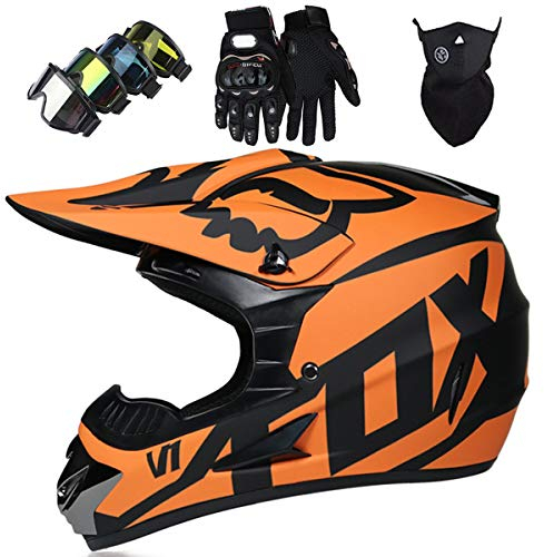 Motorradhelm - JMY-01 Motocross Helm Set - Dirt Bike Fullface Offroad Motorrad Helm mit Schutzbrille Geeignet für Kinder von 5 Bis 14 Jahren mit Fox Design - Matte Schwarz Orange - S/M/L/XL,XL