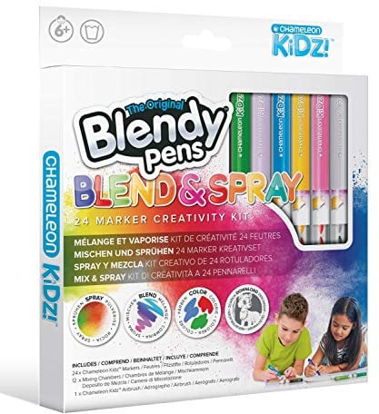 Blendy Pens Blend & Spray Set mit 24 Filzstifte, 12 Farbstifte Mischkammern und 1 Airbrush, Aquarell Zauberstifte, Marker in 24 Farben für tolle Farbverläufe, Kreativset für Kinder ab 6 Jahren