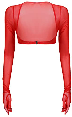 Mufeng Women's Mesh Gloves Crop Tops Long Sleeve Open Front Buckle Blouse Shirts Clubwear Red XL