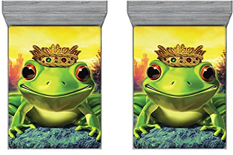 ABAKUHAUS Tier 2er-Satz Spannbetttuch, Frosch-Prinz mit Krone, Soft Dekorativer Stoff Bettwäsche Rund-um Elastischer Gummizug, 180 cm x 200 cm, Grün Gelb