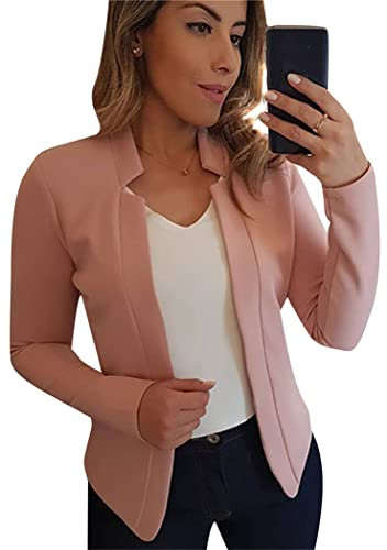 OMZIN Femmes Blazer Casual Veste Ouverte Devant Manches Longues Couleur Unie Travail Bureau Blazer Léger Rose L