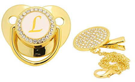 Goldener Baby-Schnuller, 26 Buchstaben, gebogenes Design, Silikon-Bling-Baby-Schnuller mit Clips für 6 bis 18 Monate Baby L
