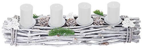 Adventskranz-AM länglich, Weihnachtsdeko Adventsgesteck, Holz 60x16x9cm weiß-grau - mit Kerzen, weiß