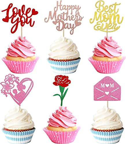 24 Stück Happy Mother's Day Tortendeko Glitzer Rose Briefkasten Love You Mom Kuchen Dekoendeko Cupcake Toppers Best Mom Torten Dekorationen für Muttertag Partyzubehör Bunt