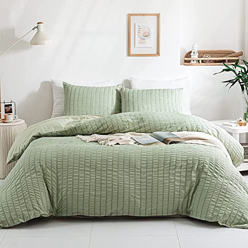 Sedefen Seersucker Bettwäsche 220x240cm Grün Salbeigrün Uni Einfarbige Wende Bettwäsche Set Mikrofaser Bettbezug 220x240cm und 2 Kissenbezüge 80x80cm mit Reißverschluss