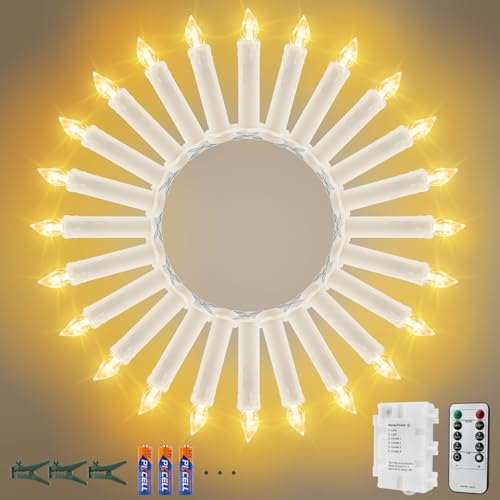 Koopower Lichterkette Weihnachtsbaum 20er LED Kerzen mit 𝐓𝐢𝐦𝐞𝐫, Batterien und Fernbedienung auf 10m IP65 Wasserdichte transparentes Kabel, Dimmbar Kerzenlichterkette, Hochzeit, Party-Warmweiß