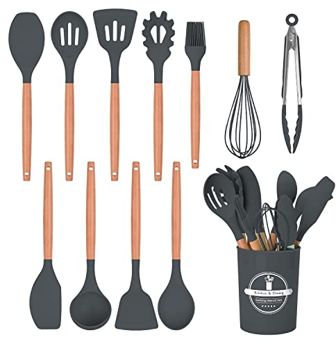 HYTTER Lot de 12 ustensiles de cuisine en silicone avec poignée en bois, résistants à la chaleur, antiadhésifs, spatule, cuillère, passe au lave-vaisselle, meilleurs outils de cuisine (Gris)