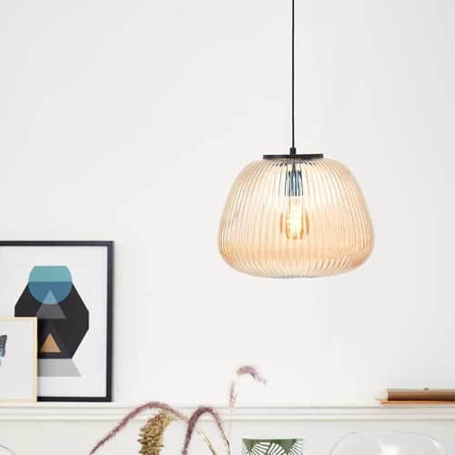 Lightbox Retro Hängelampe - 184 cm Höhe, Ø 35 cm - Pendelleuchte mit bernsteinfarbenen Riffelglas & kürzbarem Kabel - E27, max. 40 W - aus Metall/geriffeltem Glas - in Amber-Bernstein/Matt Schwarz