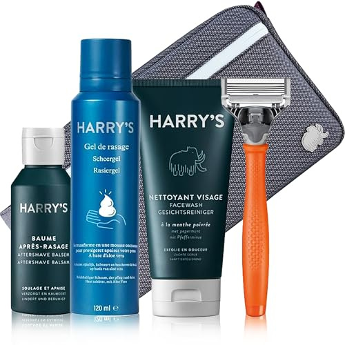 Harry's Geschenk-Set - Nassrasierer für Männer mit orangefarbenem Griff und 5-Klingen Rasierklinge, schäumendes Rasiergel 120ml, After-Shave-Balsam 100ml, Gesichtsreiniger 150ml und Kulturtasche