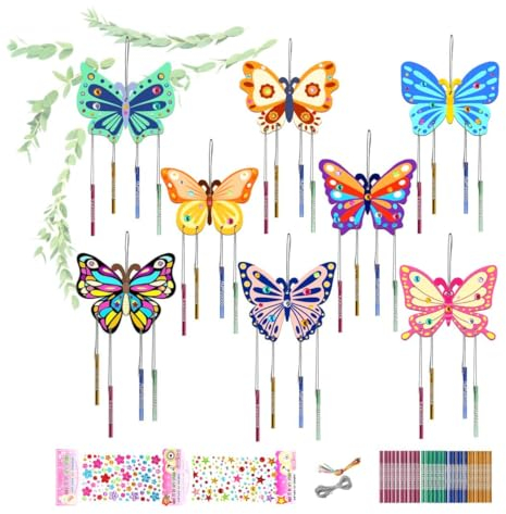 CYCLYTE Windspiel Bastelset Kinder, 8 Stück Schmetterlinge Holz Klangspiel Basteln zum Bemalen Doppelseitig Deko zum Bemalen für Mädchen Junge Kindergeburtstag Weihnachten Frühling (Schmetterlinge)