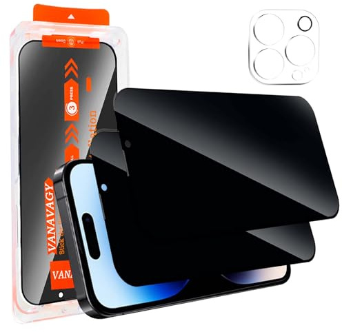 VANAVAGY 2 Pack Privacy Glass Screen Protector für iPhone 14 Pro max, [2 Pack Camera Leans Protector] [Easy Installation] Plating Film mit Rahmen Full Coverage Case