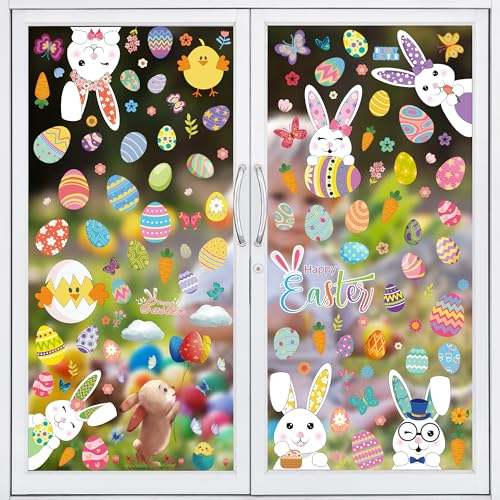 Moxled 10 Blätter Fensterbilder Ostern Selbstklebend, Fensterdeko Ostern mit Hasen Ostereier Küken, Wiederverwendbar Statisch Haftende PVC Aufkleber für Fenster Tür Kinderzimmer Frühling Osterdeko
