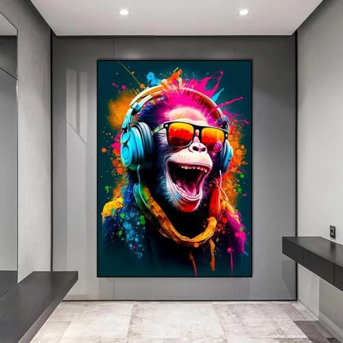 JACBON Street Pop Art, lustige Tiere, Affen mit Kopfhörern, Poster, Drucke, Spielgriffe, Leinwandgemälde, Wandkunst für Heimdekoration, 60 x 90 cm, rahmenlos