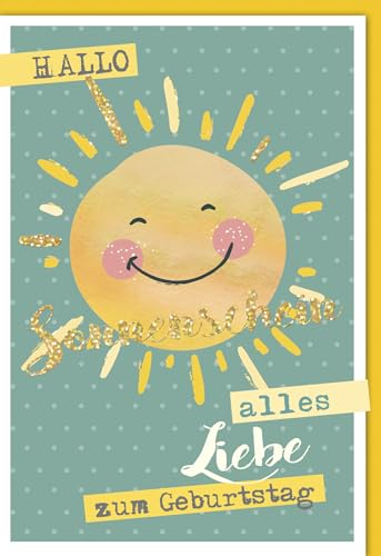 Verlag Dominique Geburtstagskarte - Strahlende Sonne & Smile Design in Gelb-Grün für Freude, Happy Birthday Sonnenschein Spaß - mit Umschlag
