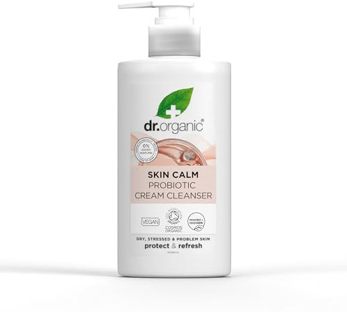 Dr Organic Skin Calm Probiotic Cream Cleanser, For Redness, Dry, Sensitive & Irritable Skin, Gentle Cleansing, Dermatologically Tested, Vegan, Cruelty Free, Paraben & SLS Free, Certified Organic,150ml