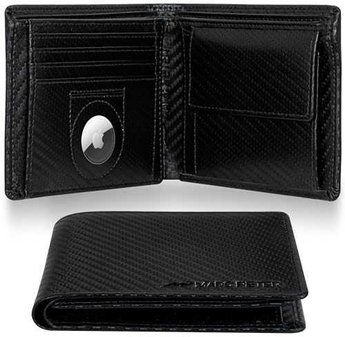 Marc Peter® Florida AirTag Wallet mit Münzfach und RFID-Schutz | AirTag Geldbeutel | Apple Airtag Portemonnaie | Schwarz Carbon Leder Geldbörse