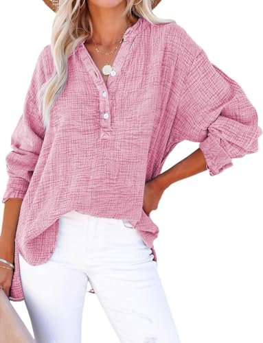 PADOLA Chemisiers et Blouses Femme Gaze de Coton Chemisier Femme Chic et élégant Chemise Henley Manches Roulées Décontracté Tunique Bouton Blouse Couleur Uni Tee Shirt été Haut Top (1 Rose, 2XL)
