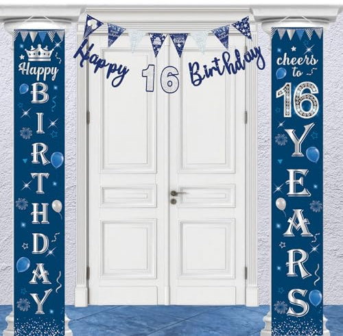 Zercart Happy Birthday Door Porch Sign Banner,Happy Birthday Decorations Kit Blue Silver, Happy Birthday Door Banner,16th Birthday Decoration for Men Women,for 16th Birthday Anniversary Party Supplies