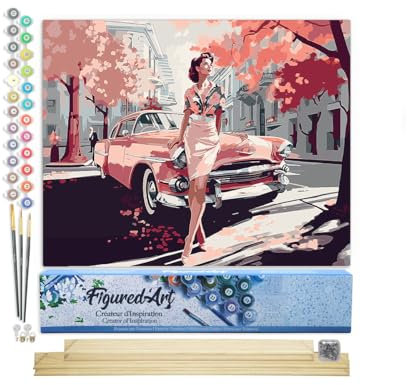 Figured'Art Peinture par Numéro Adulte avec Cadre Femme et voiture classique rose - Activité Manuelle Kit de Loisir Créatif DIY Numéro d'Art Complet - 40x50cm avec châssis en bois à monter