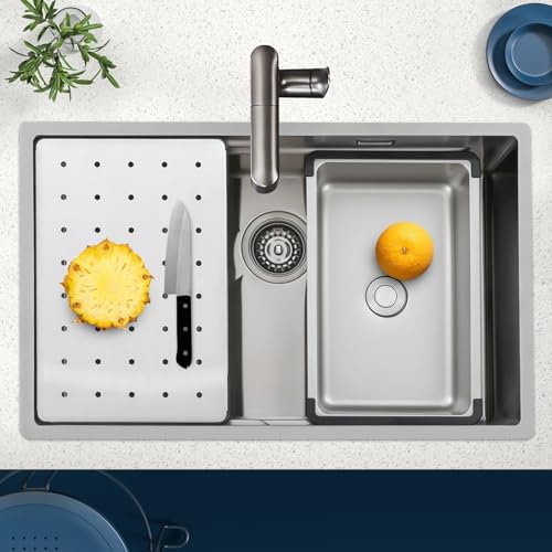 Fliuyr Fregadero de acero inoxidable, tipo de montaje bajo encimera, fregadero de cocina, 70 x 44 cm, multifuncional para armario de cocina a partir de 80 cm