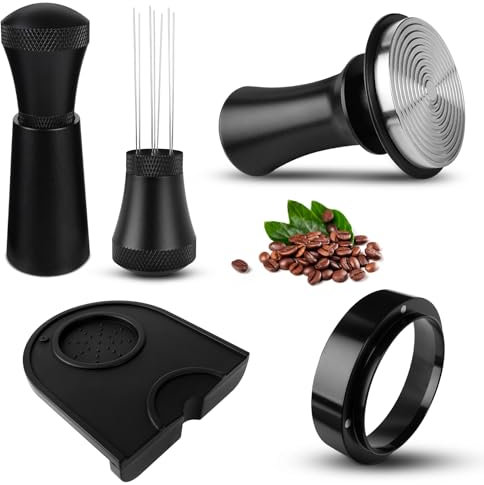 PTSBENCO Tamper 54mm Set, Druckregulierender Kaffee Tamper aus Edelstahl inkl. Dosierring 54mm, WDT Tool, Tampermatte, Kaffeestampfer-Base Ripple, Kaffee Zubehör, Geschenke für Baristas