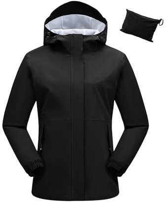 donhobo Damen Regenjacke Wasserdicht Leichte Packbar Outdoorjacke Funktionsjacke Atmungsaktiv Windbreaker Fahrrad Jacke mit Kapuze, Schwarz, M