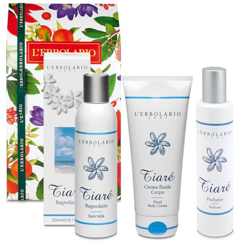 L'Erbolario – Geschenkbox Tiare Trio – in Originalverpackung – 1 Milchbad 200 ml + 1 flüssige Körpercreme 200 ml + 1 Duft 50 ml